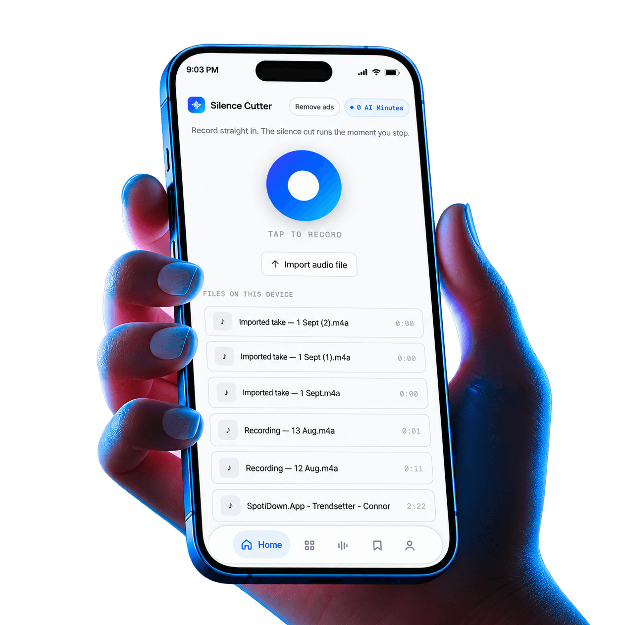 NoiseZero's record screen, held in hand — tap to record, or import an existing file